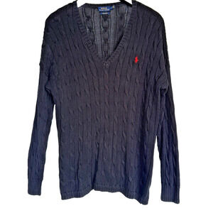 Polo Ralph Lauren Mens Sweater Sz L V-Neck Cable Knit Black Red‎ Pony Classic